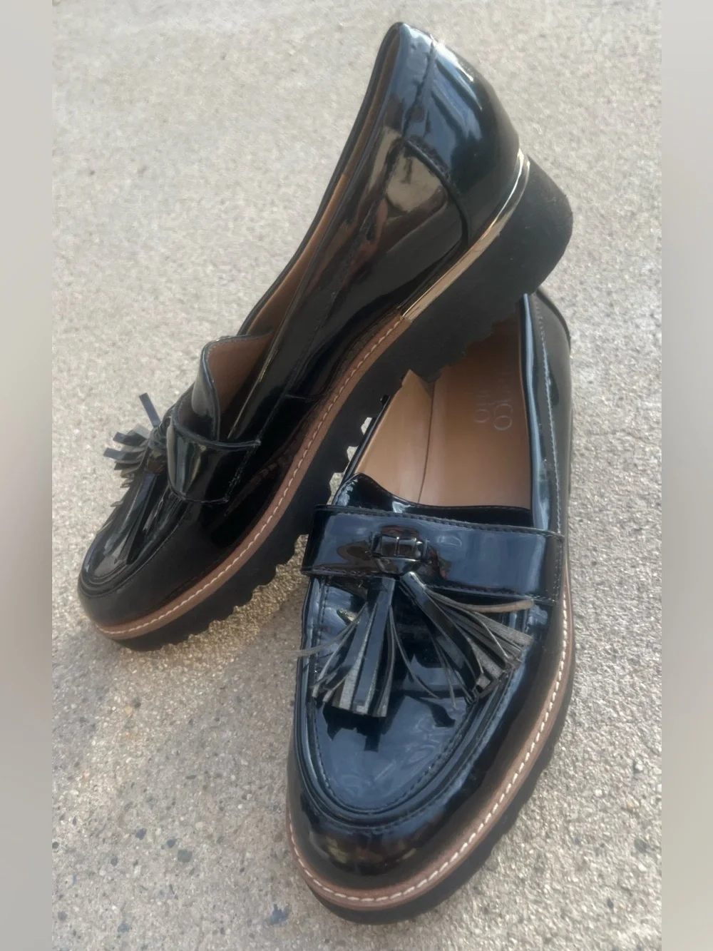 Franco Sarto Carolynn Black Patent Tassel Loafers Lug Sole Slip On Shoes SZ 8.5